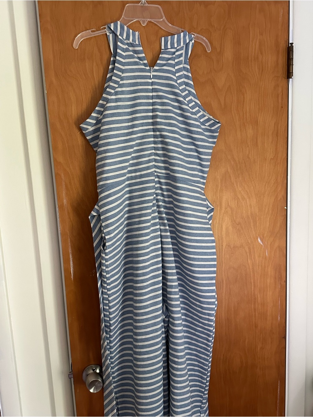 Striped Blue & White Sleeveless Junpsuit - Picture 3 of 4
